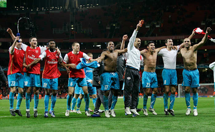 PSV Eindhoven's players pictured celebrating in 2007 after knocking Arsenal out of the Champions League